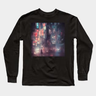 Urban Atmosphere Artistry - Moody Anime Noir Cinematic Japanese Cityscape Long Sleeve T-Shirt